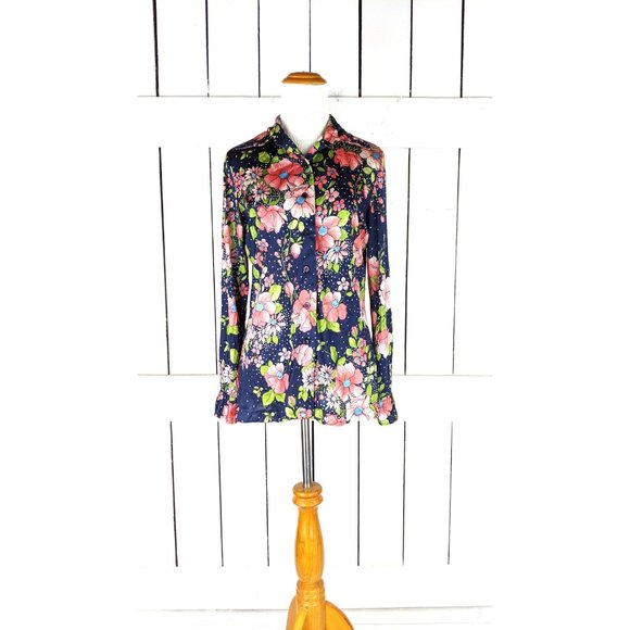 Vintage 70s blue pink floral silky lightweight long sleeve polka dot blouse - Picture 5 of 5